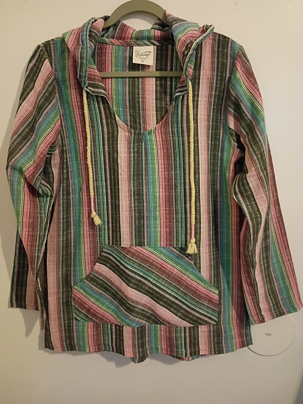 US Vintage Women's Striped Hooded Pullover - Kangaroo Pocket Multi-Color Sz M